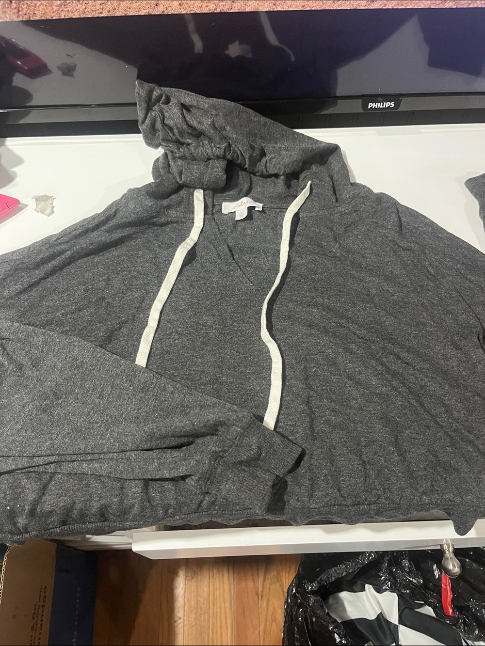 Colsie Charcoal V-Neck Hooded Sweater with Contrast Drawstrings